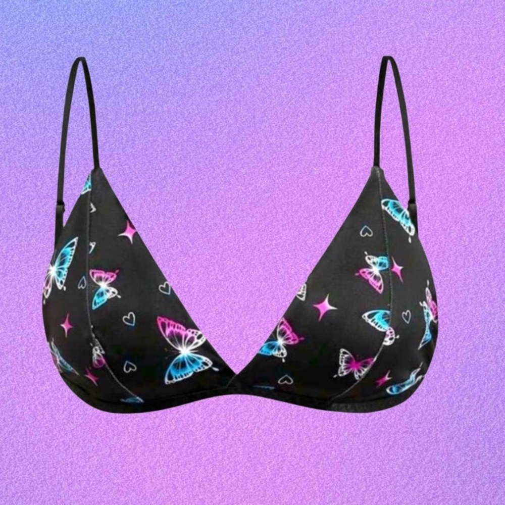 Black Butterfly Print Triangle Bralette & Gloves